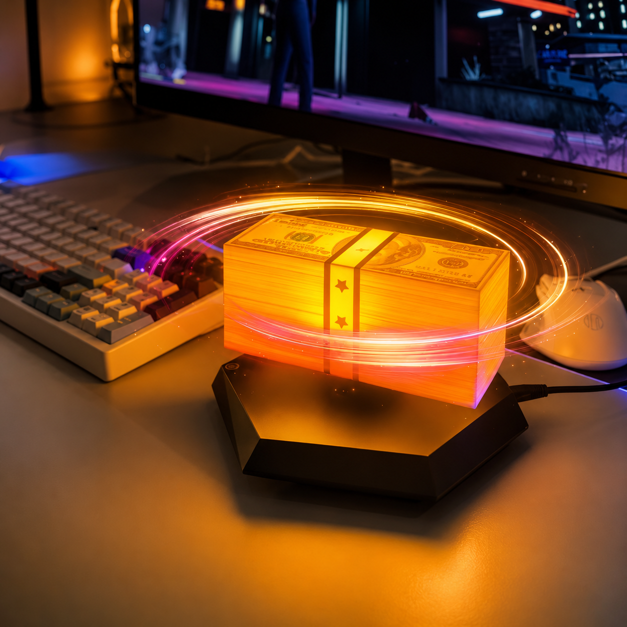 Stack of money with glowing orange light on a desk with computer equipment.