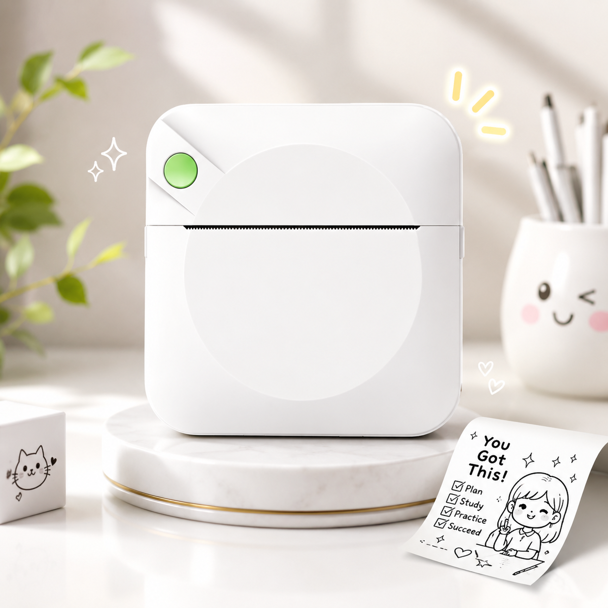 White portable printer on a desk with a printed sticker and stationery items.