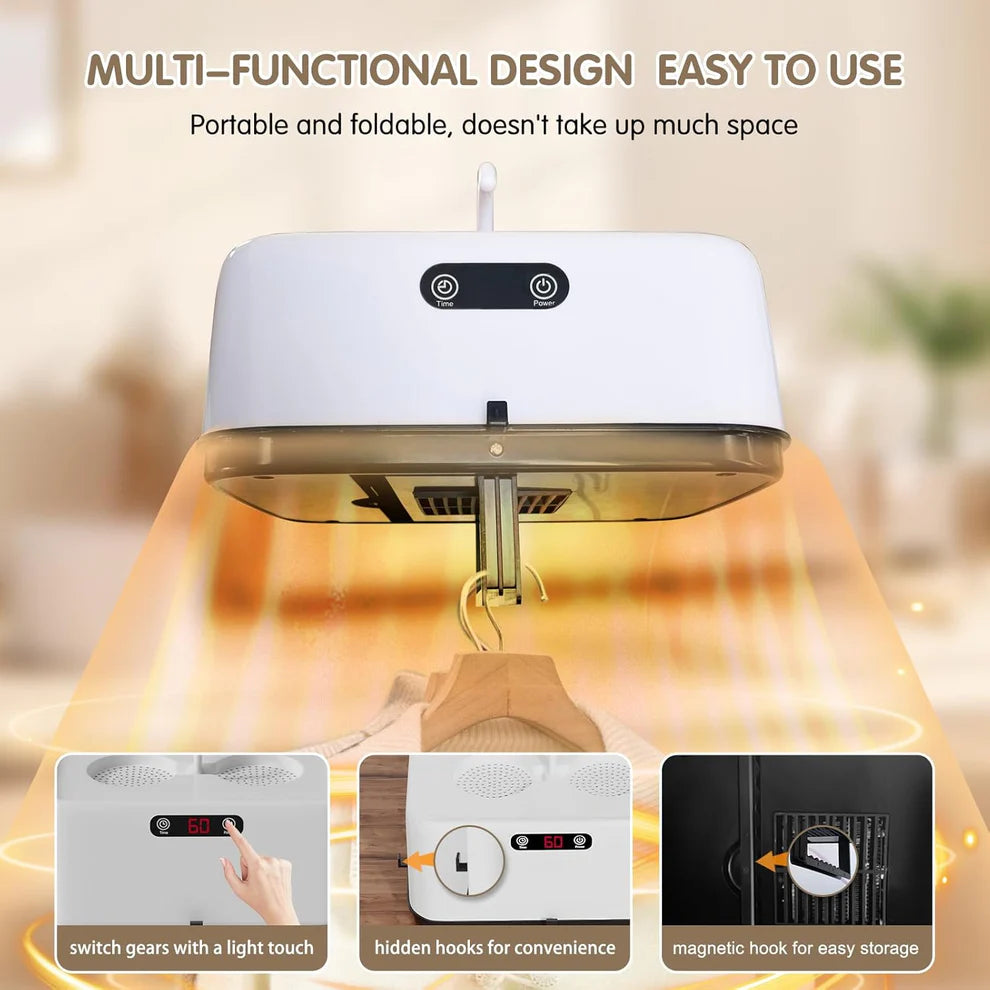 Portable Clothes Folding Dryer with Touch Control, Hidden Hook Design, Magnetic Storage & 360° Hot Air Drying for Home and Travel