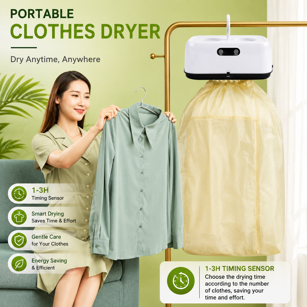 Portable Clothes Folding Dryer with 1–3 Hour Timer, Energy-Efficient Mini Clothes Dryer for Home, Apartment, Travel & Delicate Garments