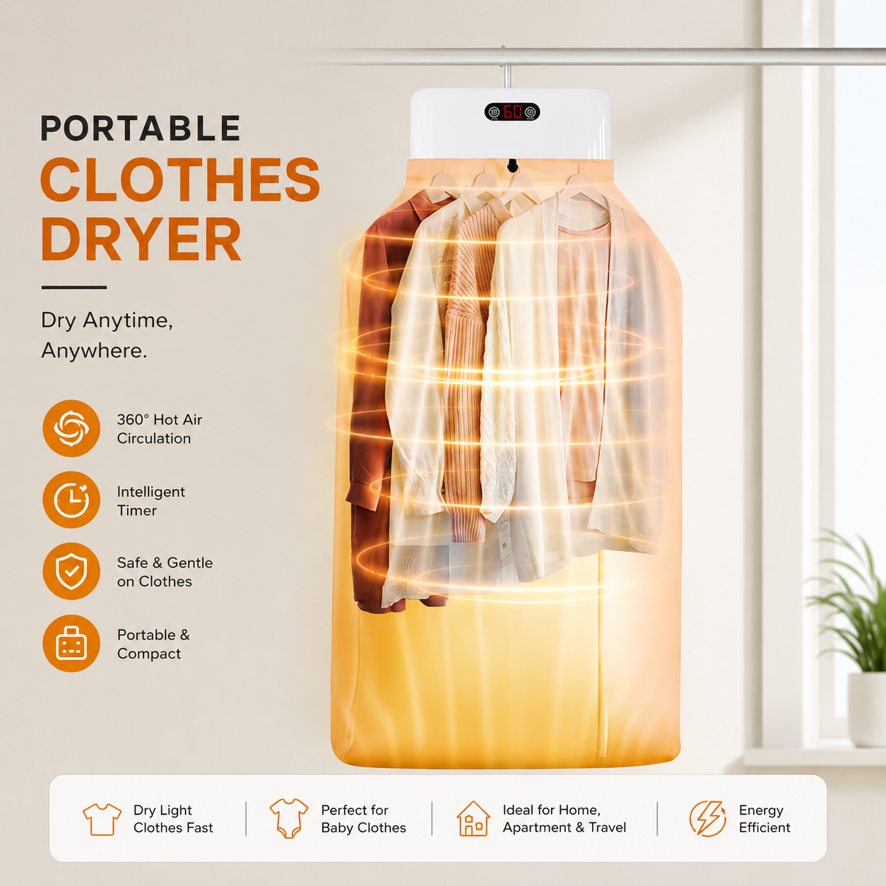 Portable Clothes Folding Dryer with 360° Hot Air Circulation, Compact Foldable Mini Dryer Machine for Home, Apartment, Travel & Baby Clothes