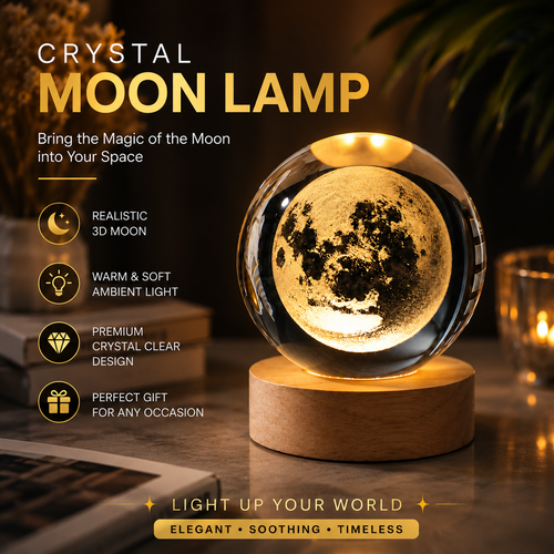 Crystal moon lamp on a wooden base with text highlighting features and benefits.