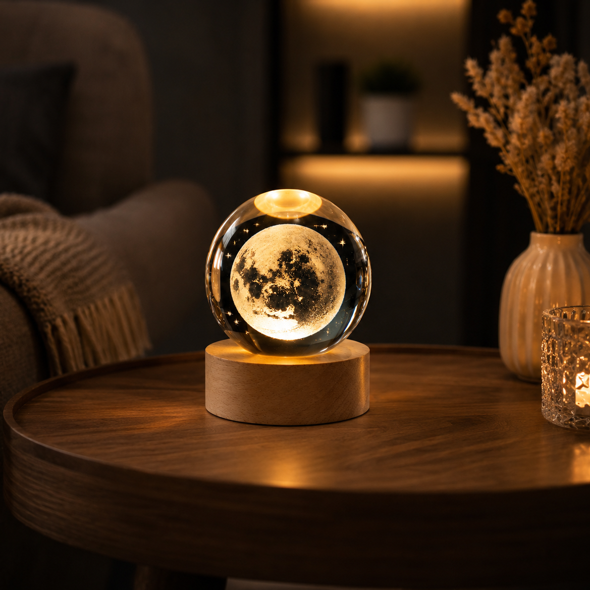 Glass orb with moon design on a wooden base in a cozy living room setting.