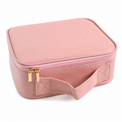 Closed Premium LED Makeup Organizer Box with durable carry handle, smooth zipper closure, and portable cosmetic storage case for travel and home use.