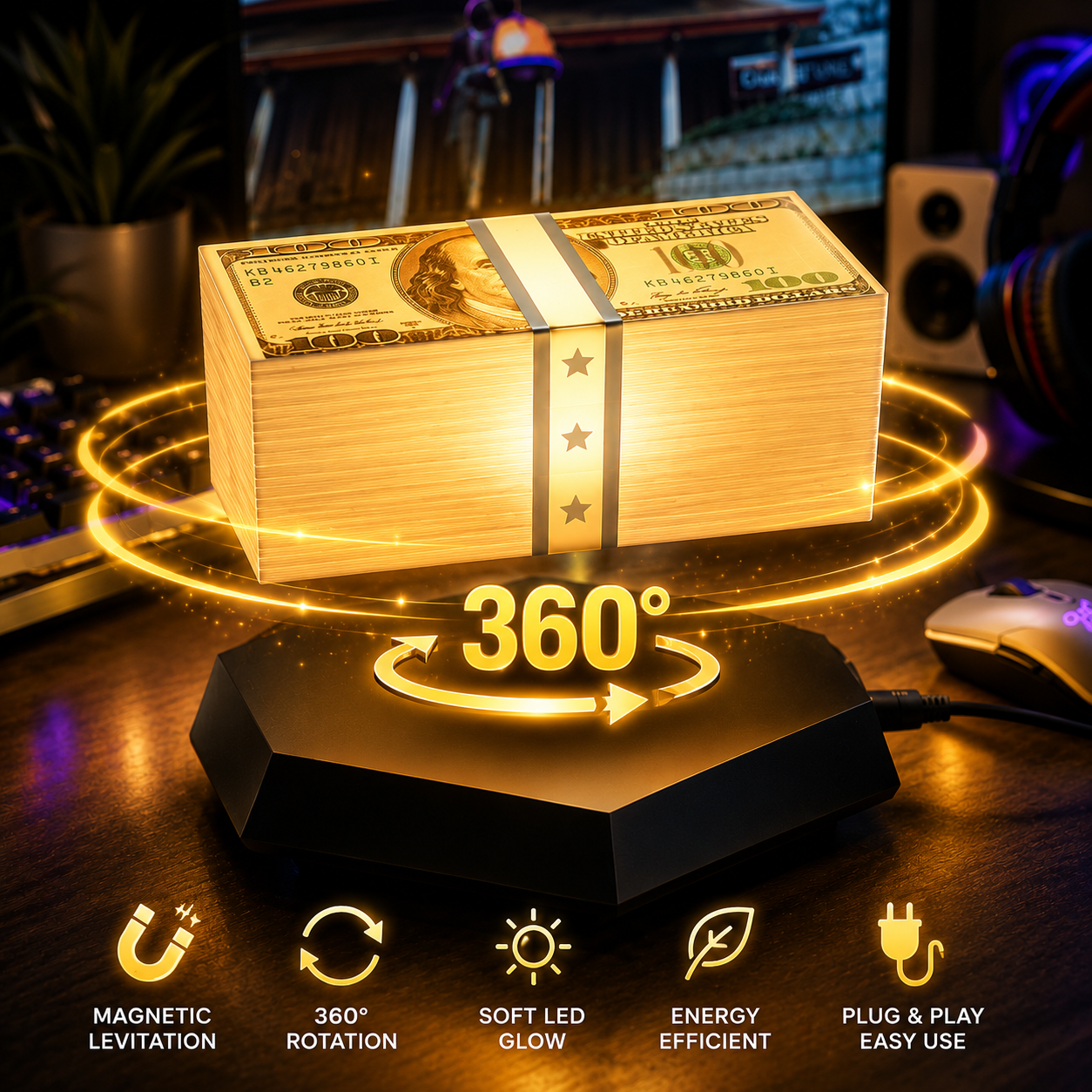 Stack of money on a magnetic levitation stand with glowing base, surrounded by electronic equipment.