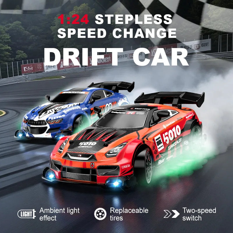 Two toy drift cars on a racetrack with text about stepless speed change and features.