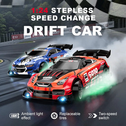 Two toy drift cars on a racetrack with text about stepless speed change and features.