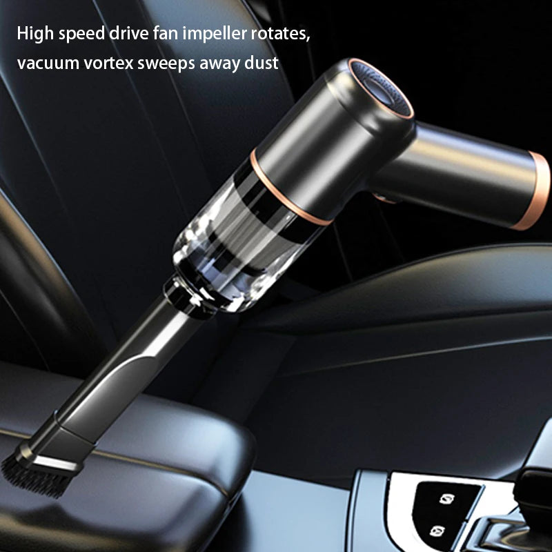 Car vacuum cleaner with high-speed drive fan impeller and vacuum vortex in a car interior.