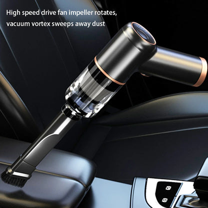 Car vacuum cleaner with high-speed drive fan impeller and vacuum vortex in a car interior.