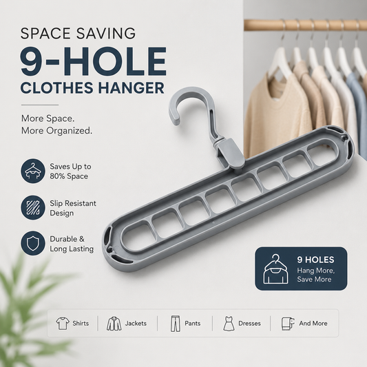 Space Saving 9-Hole Clothes Hanger made from durable plastic with anti-slip design for organizing shirts, pants, jackets, and dresses in a wardrobe closet.