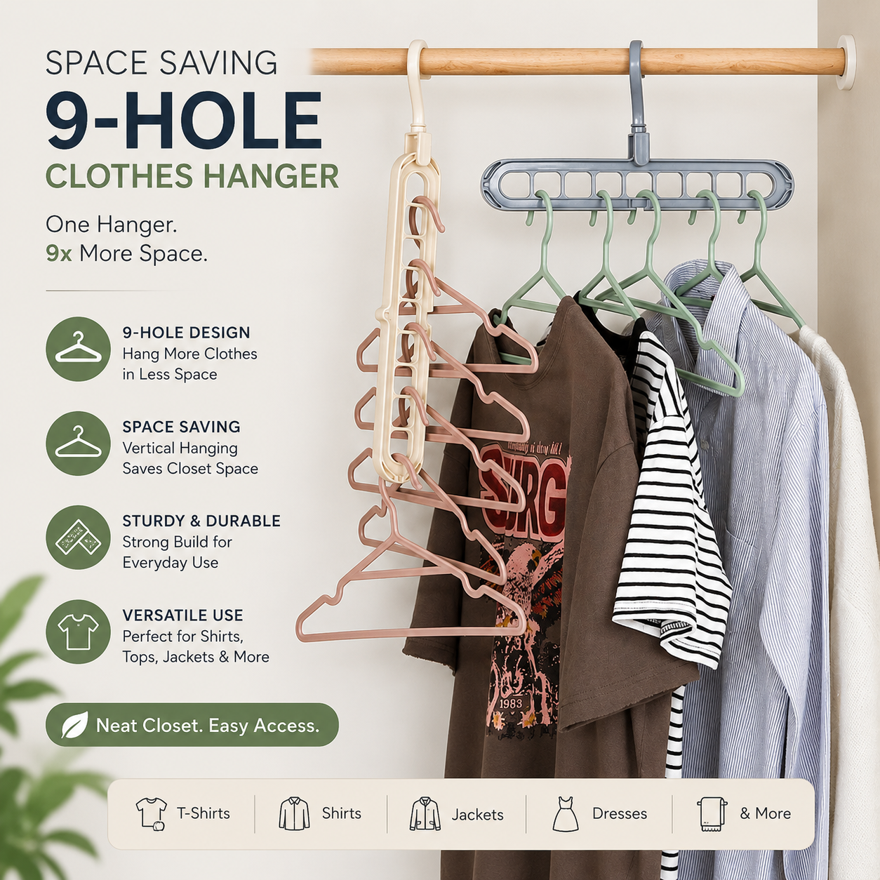 9-Hole Clothes Hanger for space-saving wardrobe and closet organization