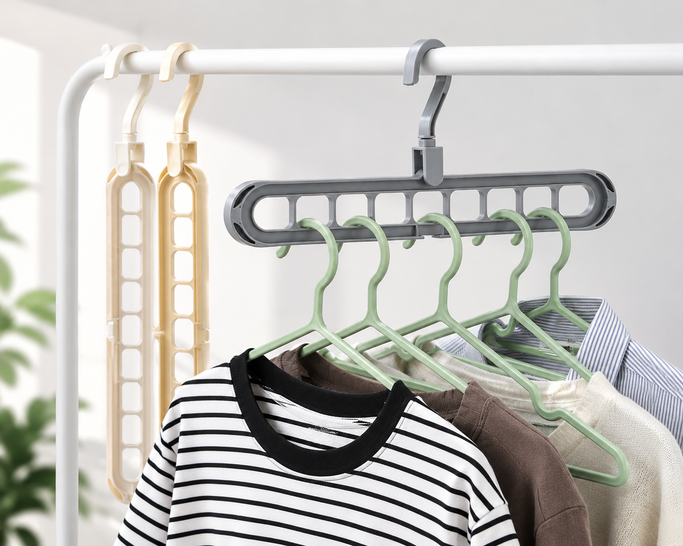 Space Saving 9-Hole Clothes Hanger holding multiple clothes on a wardrobe rod