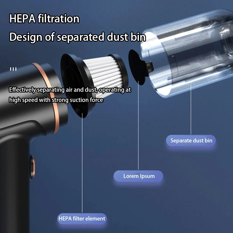 Diagram of a vacuum cleaner with HEPA filter and separated dust bin on a blue background