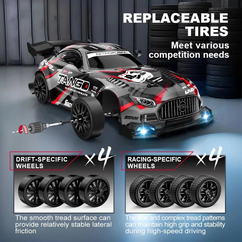 Toy car with replaceable tires and detailed specifications on a gray background