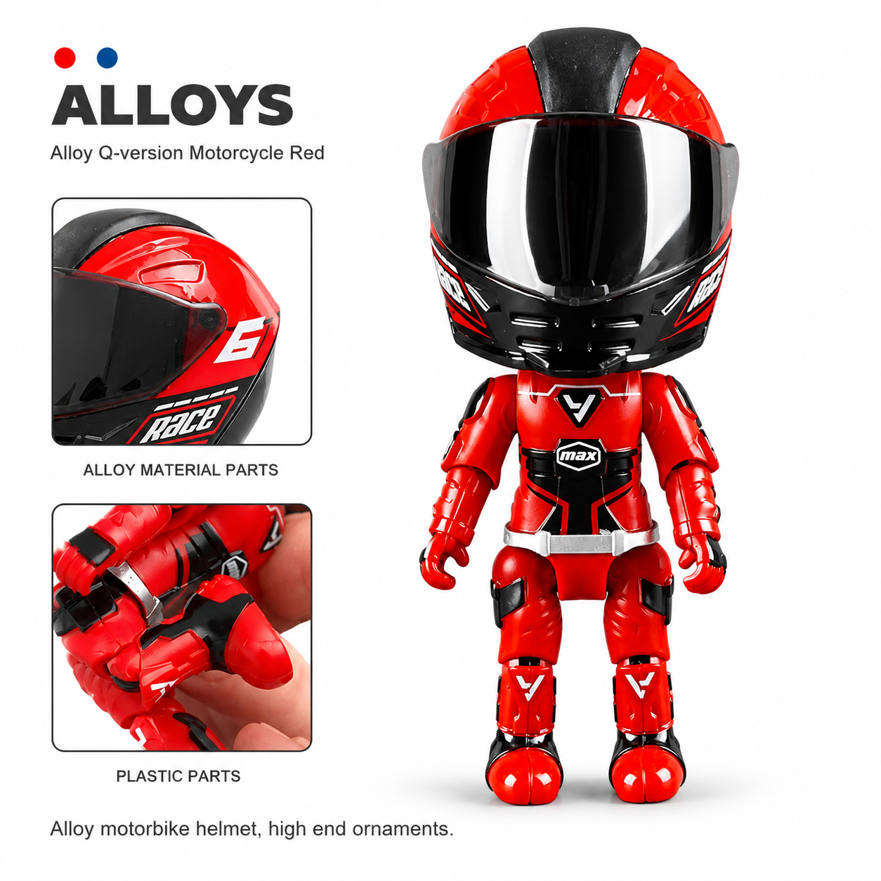 Red alloy motorcycle rider transformation toy with oversized racing helmet, detailed red and black suit, alloy and plastic construction, displayed on a clean white background with close-up views of the helmet and body parts.