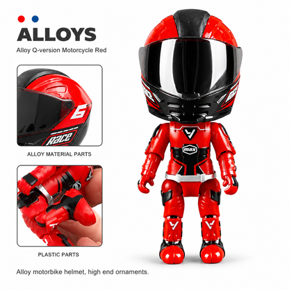 Red alloy motorcycle rider transformation toy with oversized racing helmet, detailed red and black suit, alloy and plastic construction, displayed on a clean white background with close-up views of the helmet and body parts.