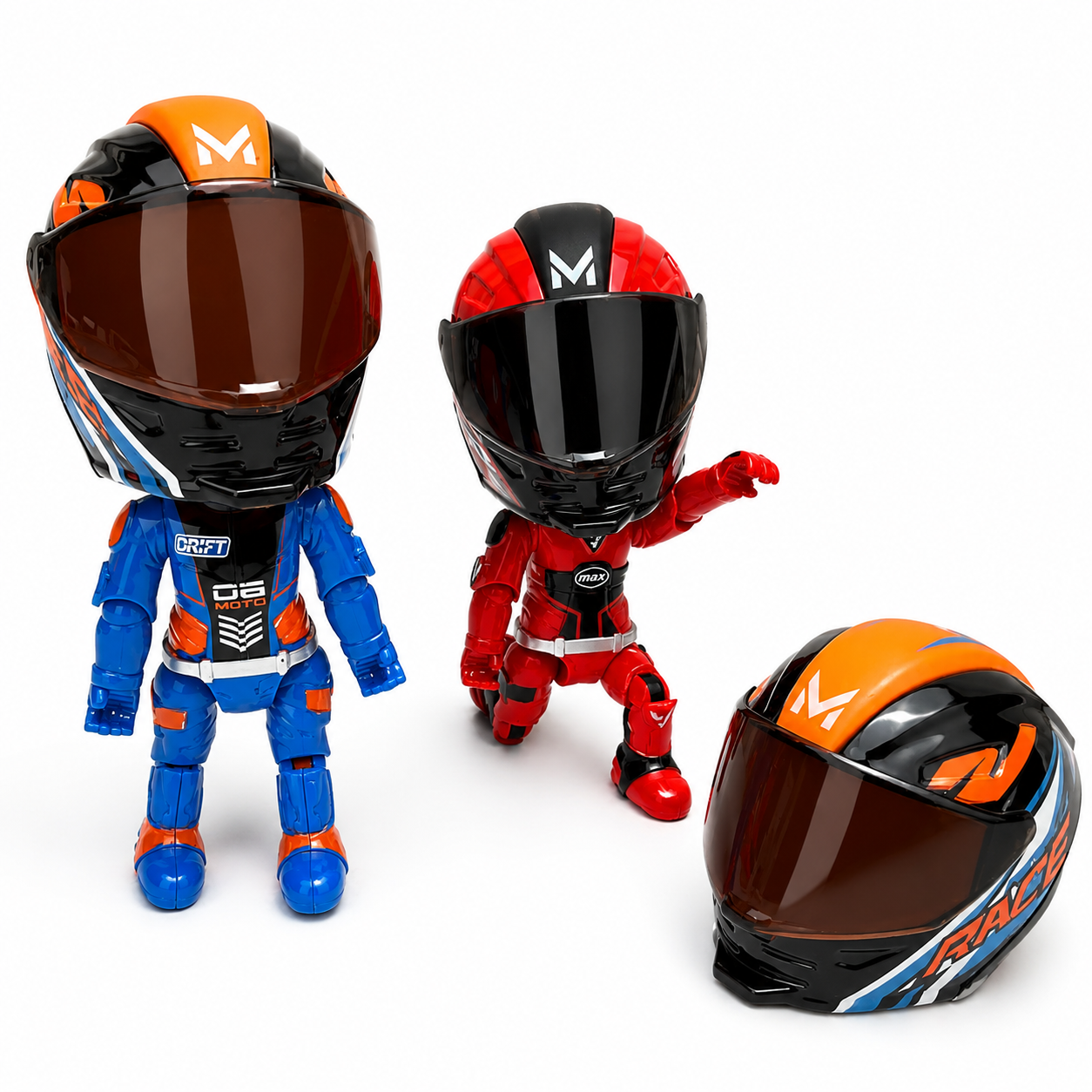 HD product image of transformable alloy motorcycle helmet rider toy featuring blue and red action figures with detachable racing helmets on a clean white background. Movable arms and legs, collectible robot-style design for kids.
