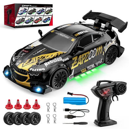 Toy car with remote control and accessories on a white background