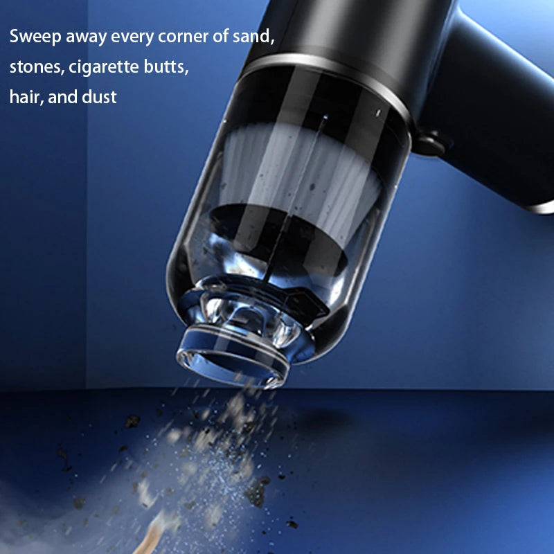 Suction cup with sand, stones, cigarette butts, hair, and dust being swept away on a blue background.