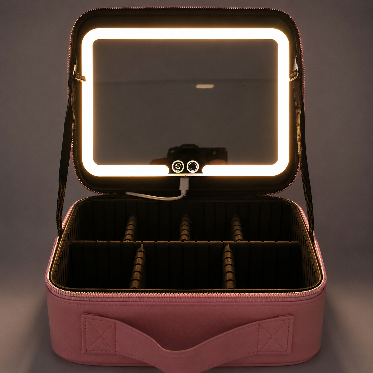 Premium LED Makeup Organizer Box with Touch Sensor LED Mirror, adjustable storage compartments, USB rechargeable cosmetic case for home vanity and travel.