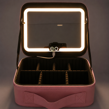 Premium LED Makeup Organizer Box with Touch Sensor LED Mirror, adjustable storage compartments, USB rechargeable cosmetic case for home vanity and travel.