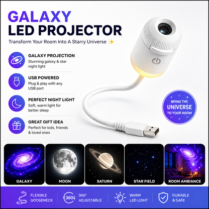 Galaxy LED projector with USB cable on a white background