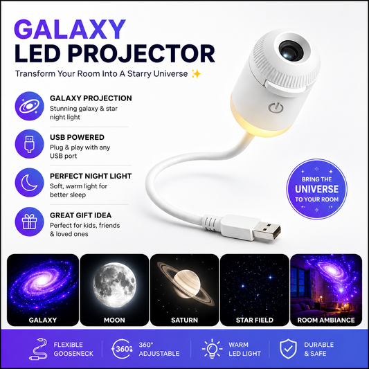 Galaxy LED projector with USB cable on a white background