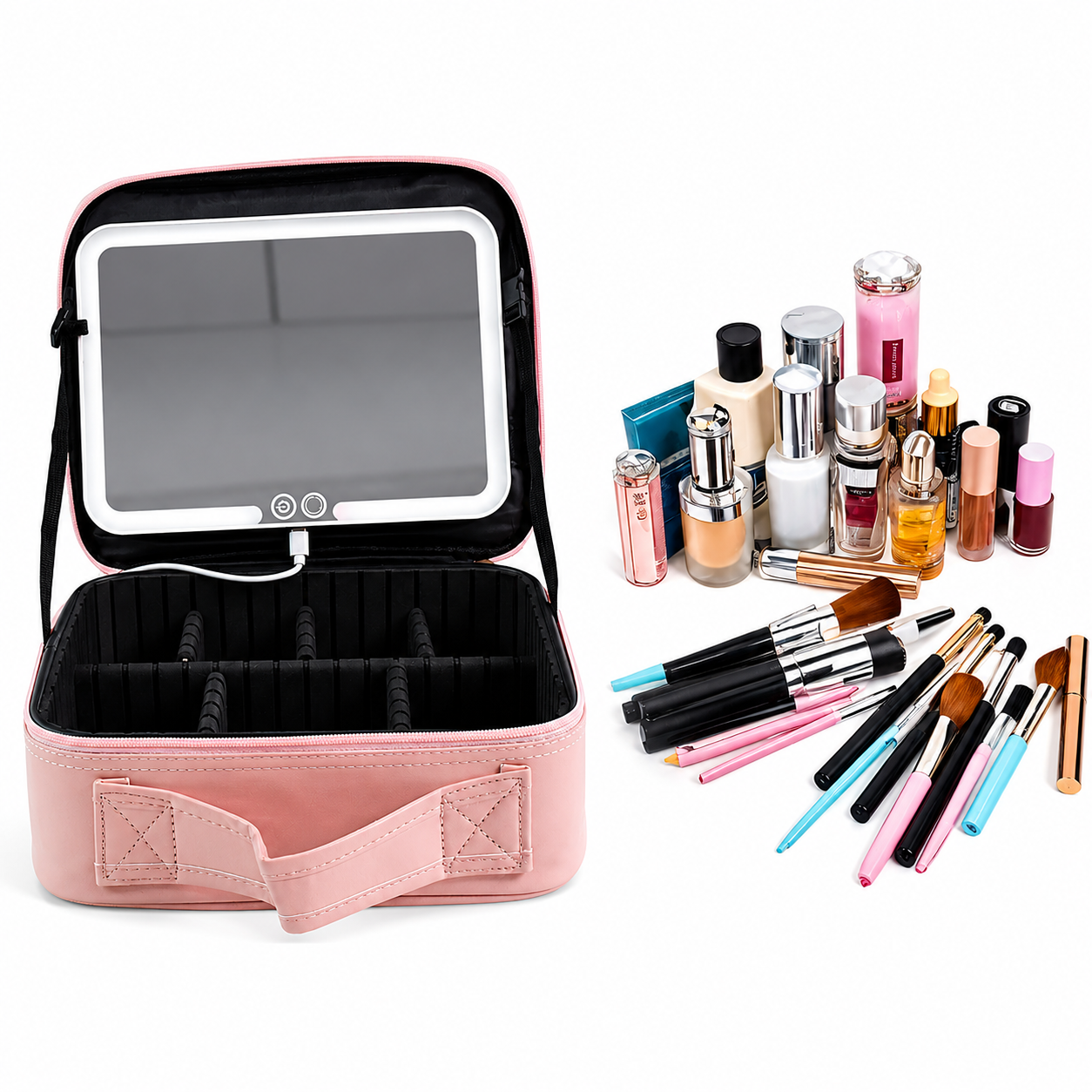 Premium LED Makeup Organizer Box with Touch Sensor Mirror alongside makeup brushes, lipsticks, skincare bottles, and beauty essentials for organized cosmetic storage.