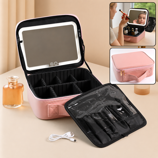 Premium LED Light Makeup Organizer Box with Touch Sensor Mirror, adjustable compartments, transparent brush pouch, USB rechargeable cosmetic storage case for travel and vanity