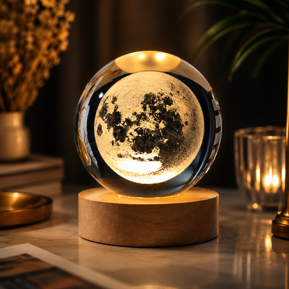 Glass moon lamp on a wooden base with a warm glow, surrounded by decorative items.