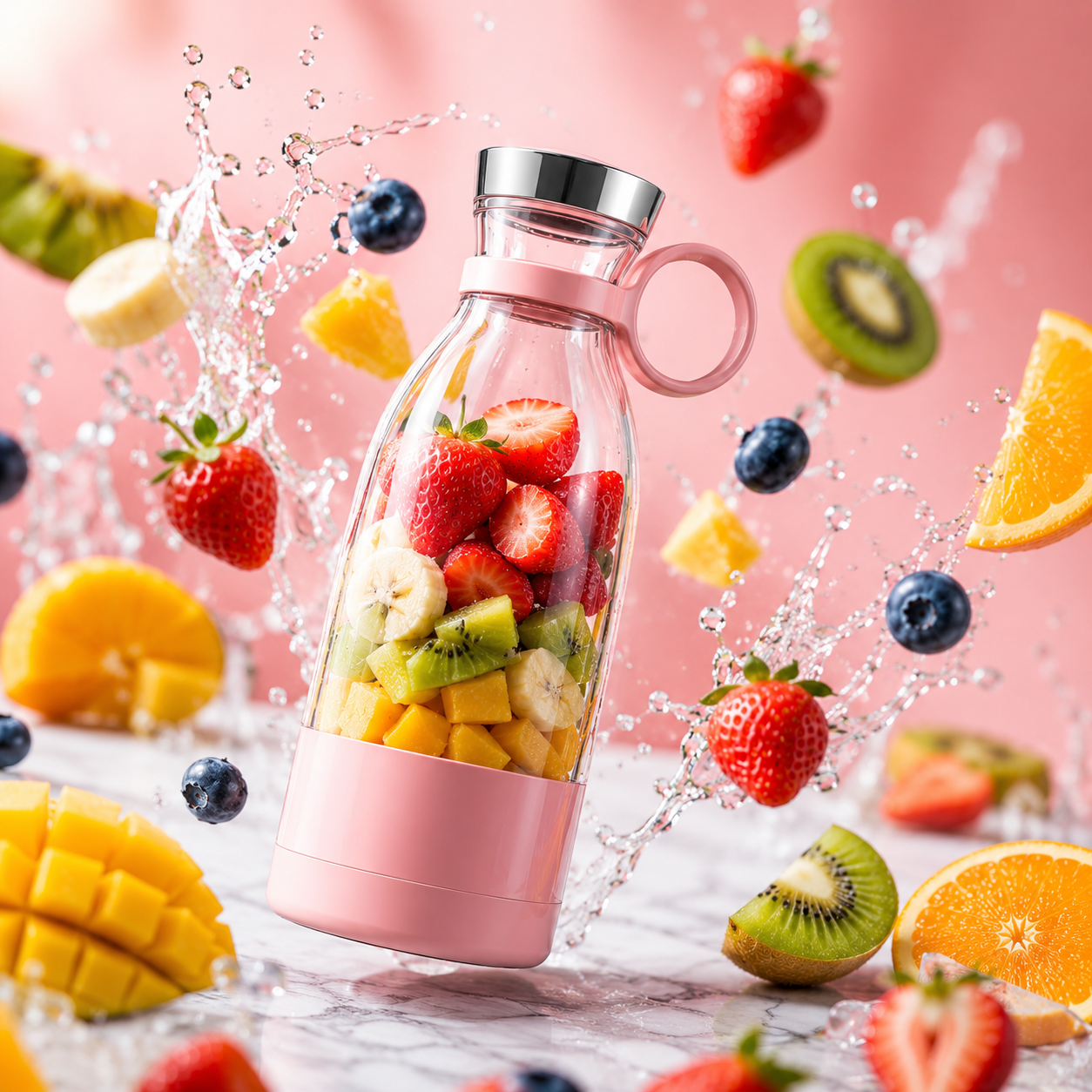 Pink blender filled with fruits on a pink background