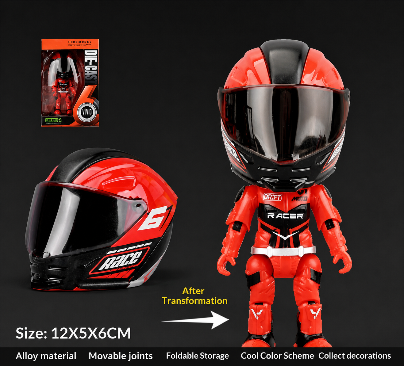 Transformable alloy motorcycle rider toy with detachable red racing helmet displayed before and after transformation. Features alloy material, movable joints, foldable storage design, and collectible action figure.