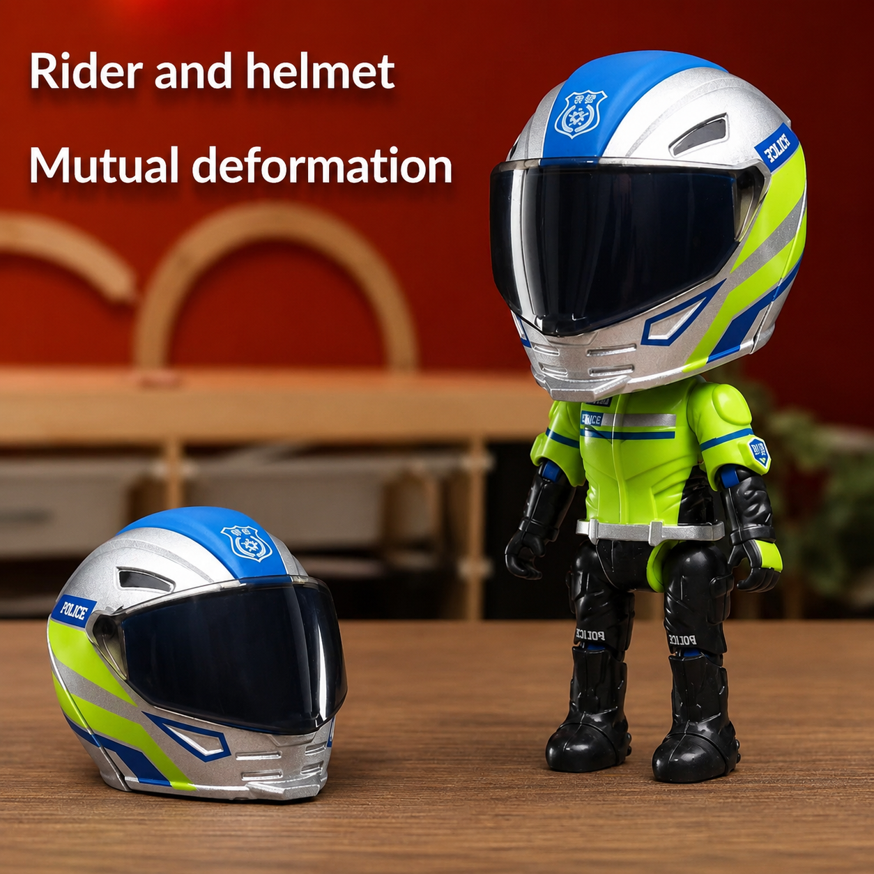 Transformable police motorcycle rider toy with detachable blue and silver helmet displayed on a wooden table. Collectible action figure featuring mutual helmet transformation design and movable limbs.