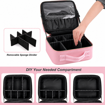 Premium LED Makeup Organizer Box with adjustable sponge dividers, customizable storage compartments, transparent brush pouch, and portable cosmetic travel case.