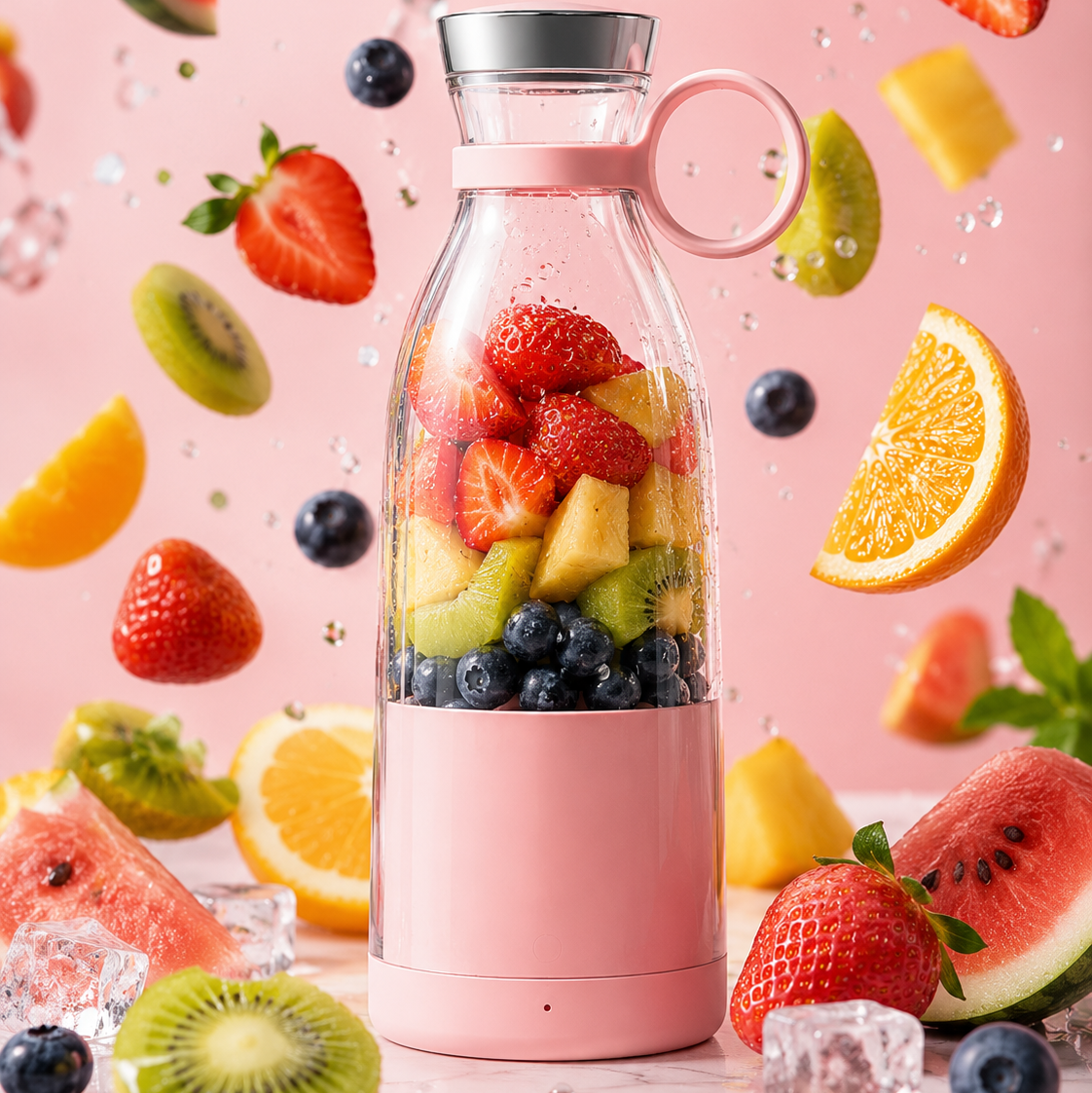 Pink blender filled with fruits on a pink background with more fruits around