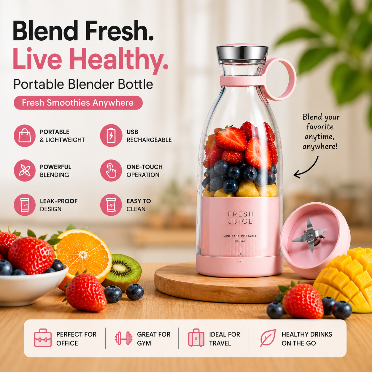 Portable blender bottle with fruits, featuring text about health benefits and product features.