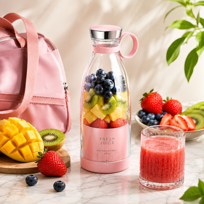 Pink juice bottle with fresh fruits, a glass of juice, and a pink backpack on a marble surface.