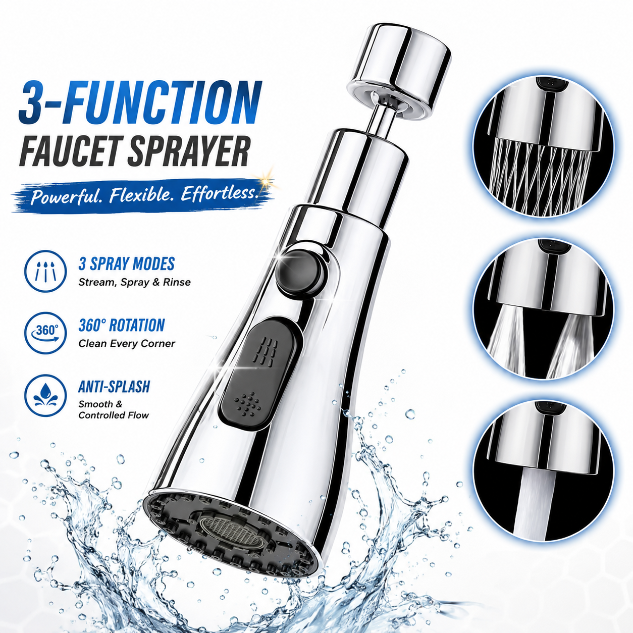 360° 3-Function Kitchen Faucet Sprayer Head with high-pressure spray modes, anti-splash design, and universal pull-down faucet replacement for kitchen sink cleaning.