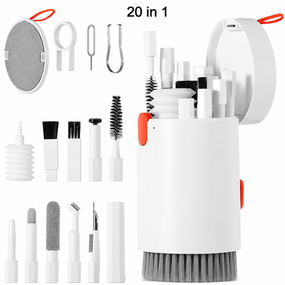 A white cylindrical multi-tool brush holder with an open lid, shown with multiple interchangeable brush and scrubbing heads arranged around it on a light gray background. The set includes different brush bristles, a sponge pad, a filter screen, and small accessory tools.