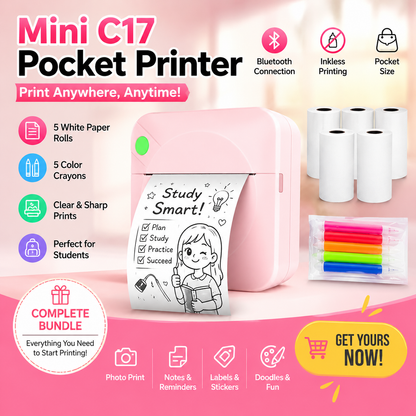 Mini C17 Pocket Printer with accessories on a pink background