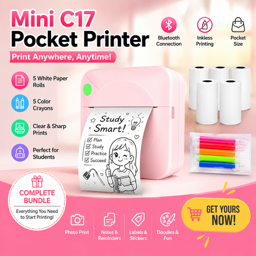 Mini C17 Pocket Printer with accessories on a pink background