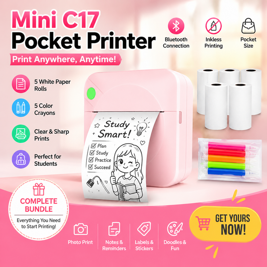 Mini C17 Pocket Printer with accessories on a pink background