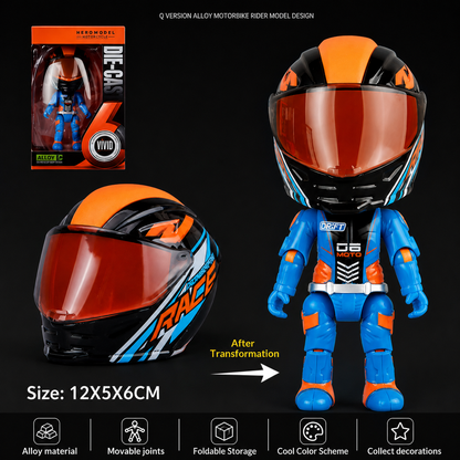 Transformable alloy motorcycle rider toy with detachable blue and orange racing helmet, shown before and after transformation. Features alloy material, movable joints, foldable design, and collectible action figure on a black background.