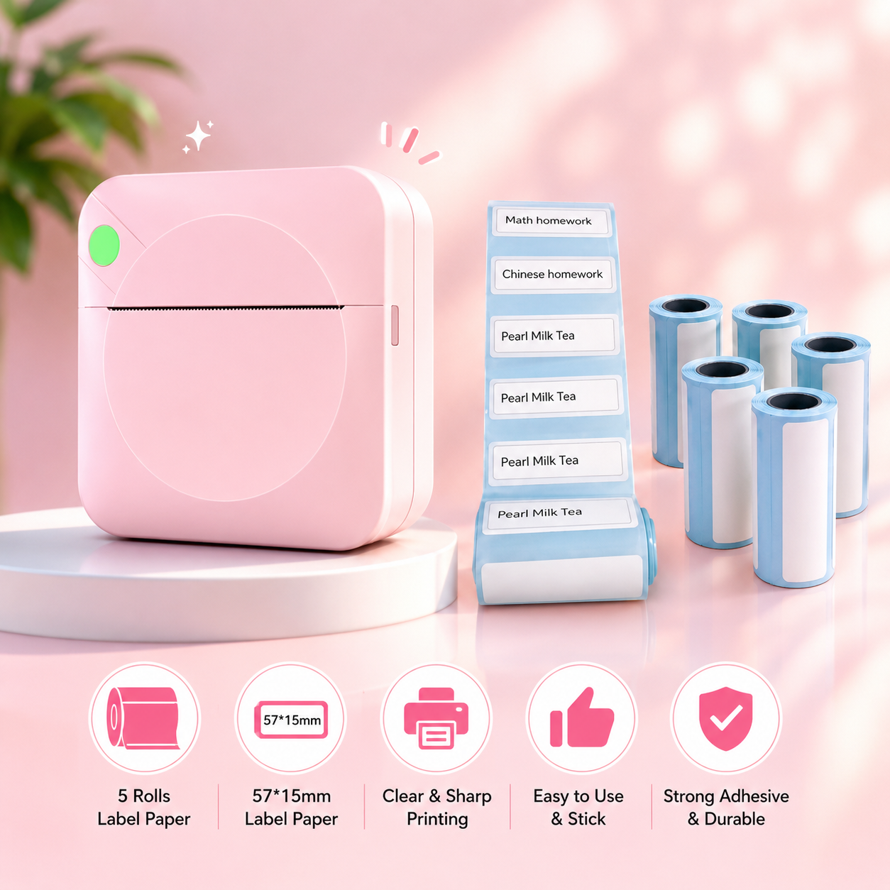 Pink label printer with label rolls on a pink background