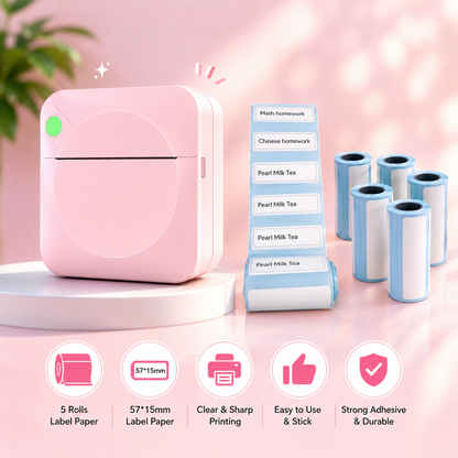 Pink label printer with label rolls on a pink background