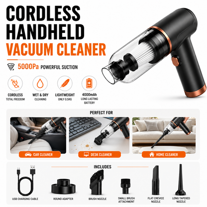 Cordless handheld vacuum cleaner with features and uses on a white background