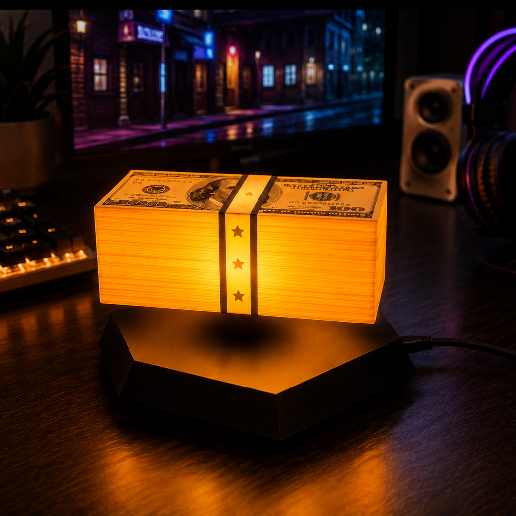Stack of money lamp on a desk with a computer setup in the background