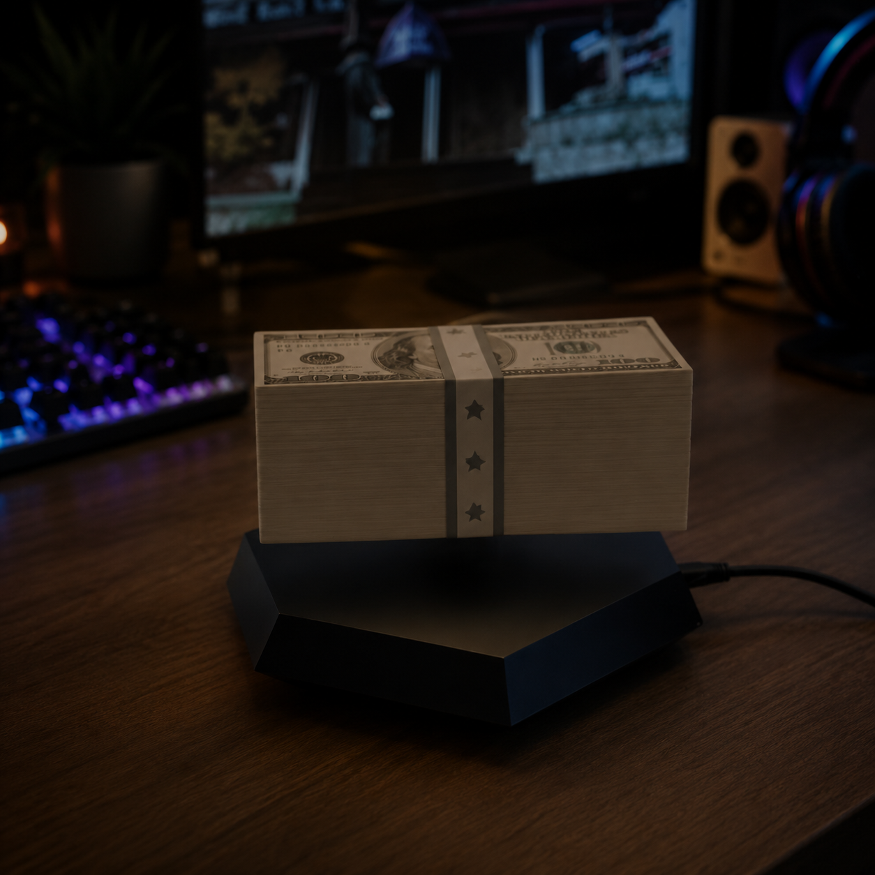 Stack of money on a stand in a dimly lit room with computer equipment in the background
