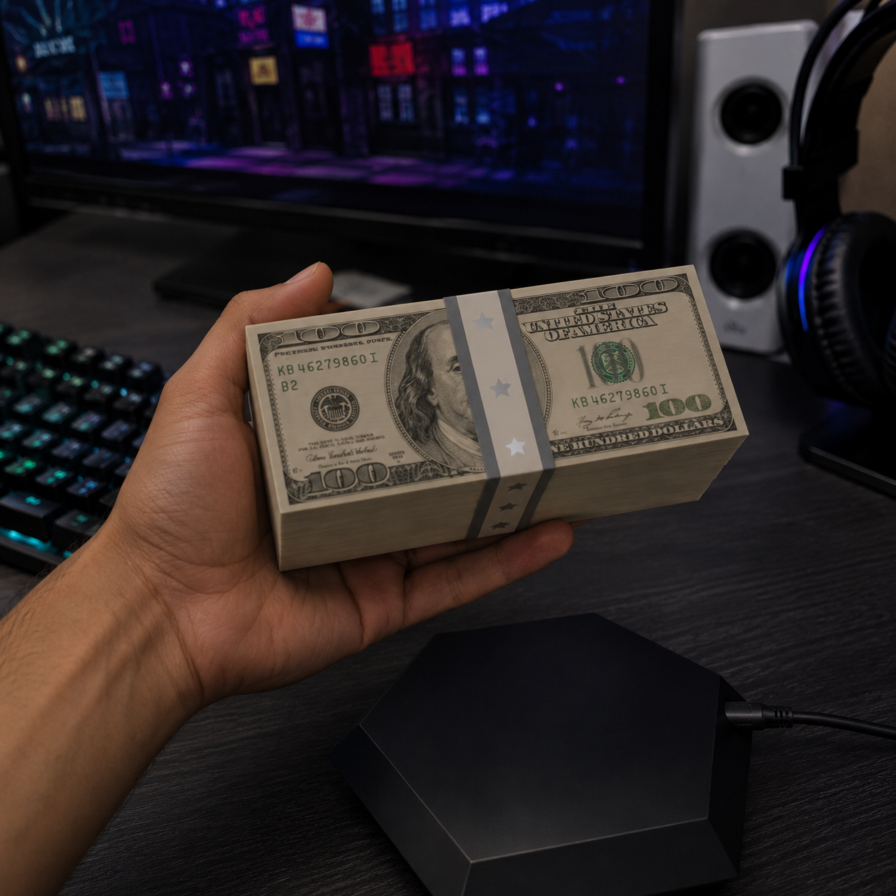 Hand holding a stack of U.S. hundred-dollar bills in front of a computer setup with a monitor, keyboard, and headphones.