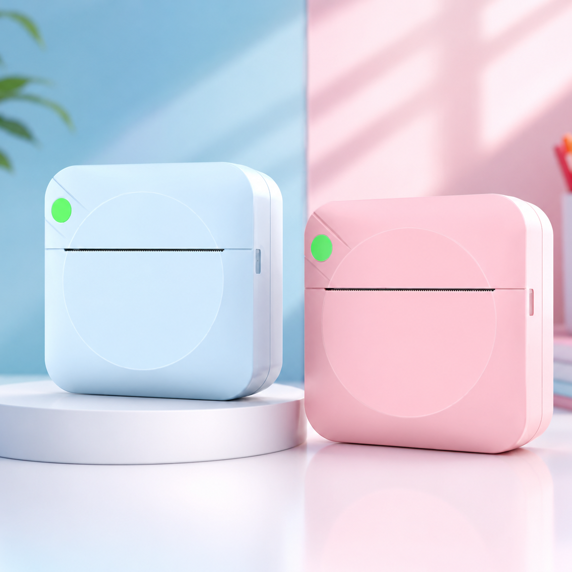 Two small, square-shaped devices in light blue and pink on a white surface with a colorful background.